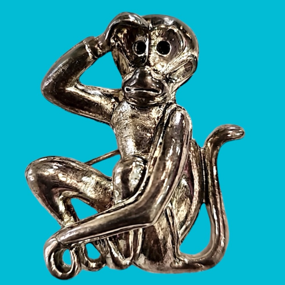 BEST Marked Silver Monkey Pendant/Brooch‎ Black Rhinestron Eyes